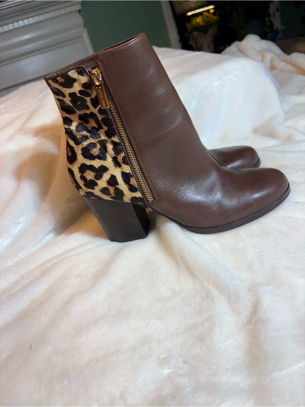 Michael Kors Brown Leather Ankle Boots with Leopard-Print Heel Panel